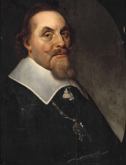 Dutch school, 17th century: Portrait of a gentleman, aged 60, half-length, in black with a white collar. Unsigned. Oil on panel. 63×48 cm.