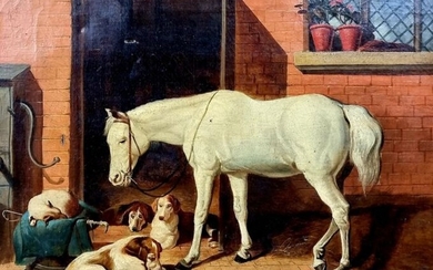 E. l. Joseph (XIX) - Wit paard vergezeld met groep honden aan de boerderijstal