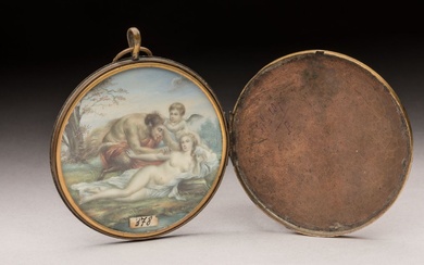 ECOLE FRANCAISE du XVIIIème siècle. Vénus et l'Amour surpris par un Faune. Miniature circulaire sur...