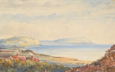 Early 19th century British school watercolor landscape painting. Seaside scene with tower on a hill