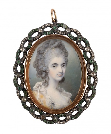 Ecole anglaise du XIXe siècle Portrait de femme au corsage jaune et blanc, des perles dans les cheveux