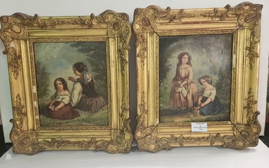 Ecole française du XIX°, deux tableaux en pendant, « la cueillette des fleurs » et...