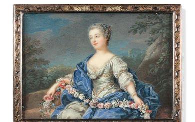 Ecole française vers 1850 Dans le goût du XVIIIe siècle Dame de qualité tenant une guirlande de fleurs