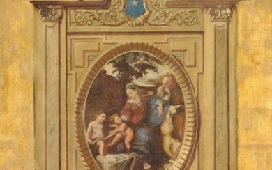 Ecole française vers 1870 - Sainte Famille sous un chêne, d’après Raphaël, sur fond or