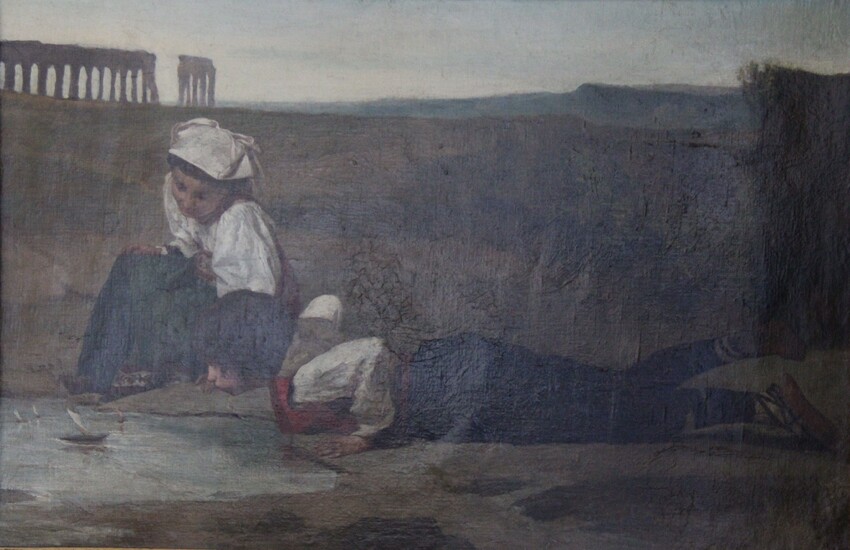 Ecole moderne Enfants jouant avec une barque Huile sur toile 49,5 x 74 cm. Pièce avec repeint ?