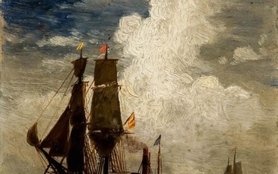 Edward Moran (American 1829-1901), Sailing Ship in a Harbor, Oil on Canvas Mounted on Board, 7-1/4 x 6 inches