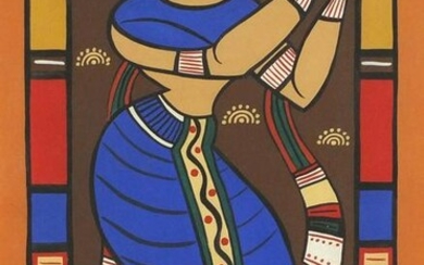Egyptian female holding a vase, gouache on paper