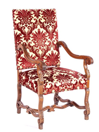 (-), Oak armchair with baroque-style upholstery, volute-shaped armrests,...