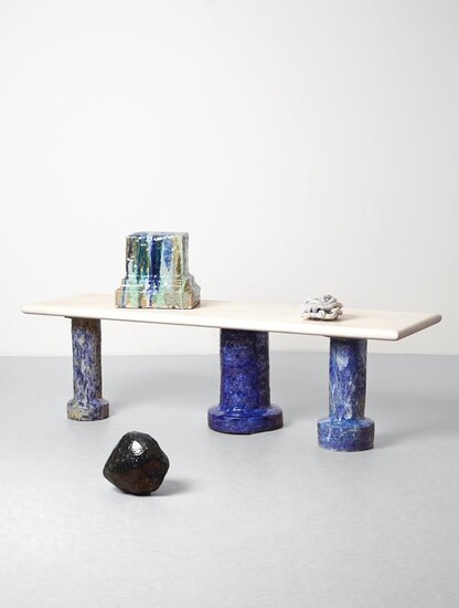 Elena Gileva - Coffee table with glazed ceramic legs and a sycamore wood table top