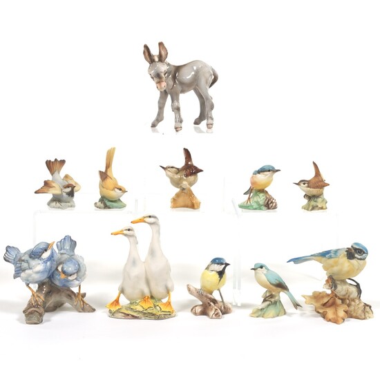 Eleven Giuseppi Tagliariol Porcelain Birds and Donkey Figurines, Tay Collection, Italy