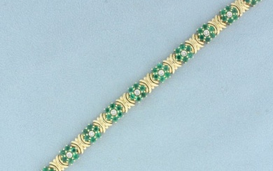 Emerald and Diamond Flower Design Bracelet in 14k Yellow Gold
