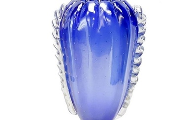 Ercole Barovier Murano Art Glass Vase Blue with Ruffled Clear Handles
