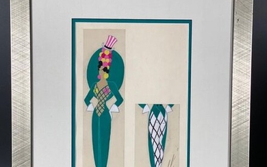 Erté (French/Russian, 1892 ~ 1990) 'Uncle Sam' Original Gouache painted costume design from front and rear for the London Hippodrome production of Stars and Stripes. Circa 1948. Frame size 59cm x 46cm, image size 36cm x 23cm.