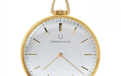 Extra flat pocket watch UNIVERSAL GENEVE in 18kt yellow gold. Dial in white color with applied