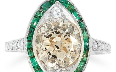 FANCY DIAMOND AND EMERALD RING in Art Deco design, set