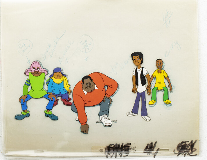 "FAT ALBERT" PRODUCTION ANIMATION CELS WITH PRODUCTION SKETCH, C. 1970S, H 5 1/4", W 10"