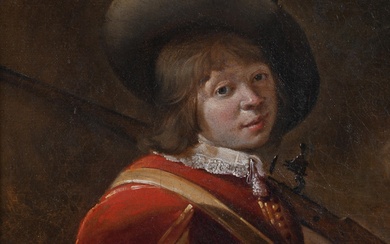 FRANCO/FLEMISH SCHOOL, 17TH CENTURY, YOUNG MAN HOLDING A RIFLE, Oil on canvas, 12 1/2 x 9 1/2 in. (31.8 x 24.1 cm.), Frame: 18 x 15 in. (45.7 x 38.1 cm.)