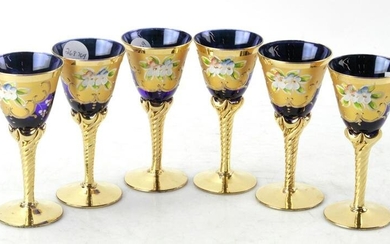 Five Bohemian Blue and Gilt Wine Glasses