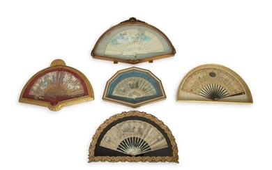 Five French Painted Fans in Giltwood Frames Height 17 x