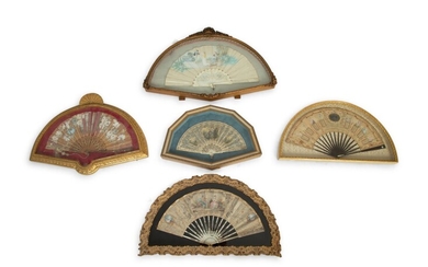 Five French Painted Fans in Giltwood Frames
