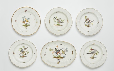 Five Meissen porcelain plates and an oval dish from a dinner service with native birds