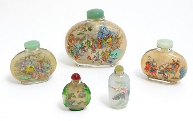 Five Oriental glass snuff bottles with reverse glass