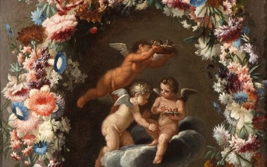 Mario Nuzzi Mario de' Fiori (Roma, 1603 - Roma, 1673) Attributed toFilippo Lauri (Roma, 1623 - Roma, 1694) Attributed to, Flower garland with putti