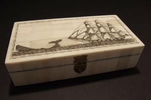 Folk Whale Chase Scrimshaw Bone & Wood Trinket Box