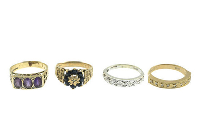 Four 9ct gold gem-set rings.