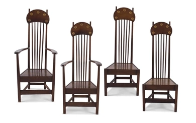 Four Arts & Crafts walnut high back chairs, including a pair of armchairs, circa 1905