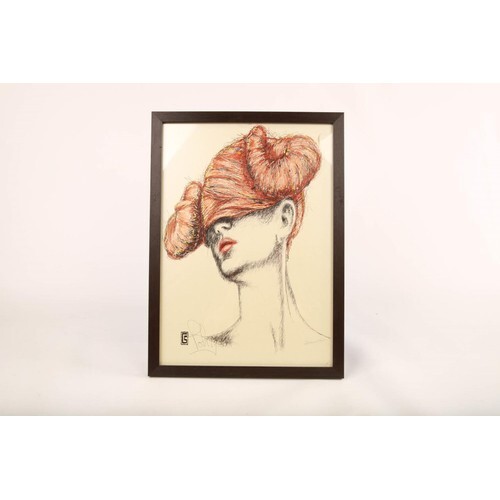 Framed orange hair lady with eyes covered (49cm tall x 39cm ...