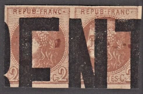France - Bordeaux issue, 2 centimes brown-red in a pair, typographed postmark, signed Calves - Yvert 40B