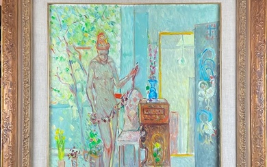 Francesco De Rocchi "Nudo in interno con fiori" 1975 olio su tela cm 60x50 Firma