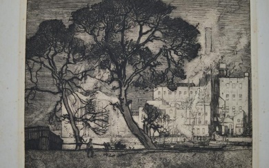 Frank Brangwyn, soft-ground etching, factories by a canal, signed...