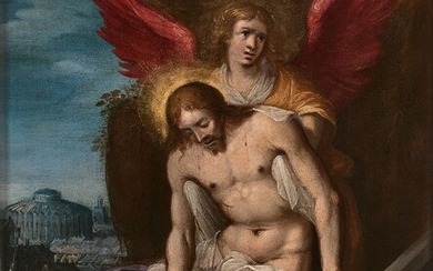Frans FRANCKEN II Anvers, 1581 - 1642Le Christ mort porté par un angeHuile sur cuivreMonogrammé...