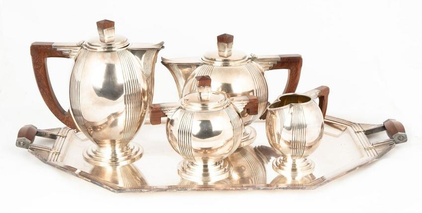 French Art Deco 5 Piece Silver Plate Tea Set
