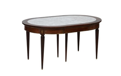 French Directoire Style Marble Top Walnut Dining Table, 20th c., H.- 29 in., W.- 58 3/4 in., D.- 39