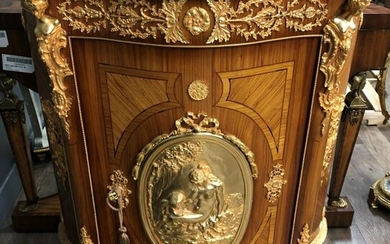 French Ornate Wood & Gilt Brass Armoire W/Marble Top