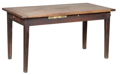 French Provincial Pine Farmhouse Table, 19th c., the 1 1/4 inch bread board end top, over a 4 1/2