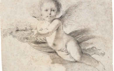 GIOVANNI FRANCESCO BARBIERI, CALLED GUERCINO | A FLYING PUTTO HOLDING A BASKET WITH FLOWERS