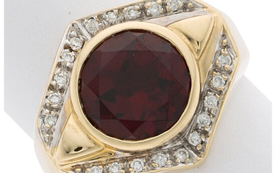 Garnet, Diamond, Gold Ring The ring features a round-cut...