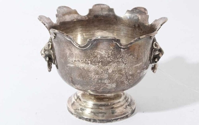George V silver two handled miniature monteith with engraved Pigeon motif and presentation inscription 'Carshalton Flying Club Working Homer Show Bowl 1912, Presented by H. S. Seldon Esq.', (Birmin...