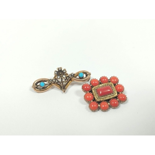 Georgian coral brooch and another with turquoise and pearls,...