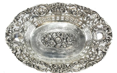 German 800 Silver Pierced Repousse Floral Oval Bowl
