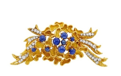 Gold, Cabochon Sapphire and Diamond Clip-Brooch, France