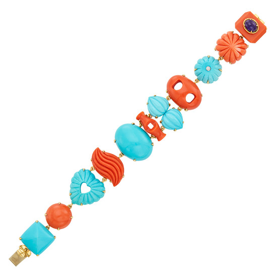 Gold, Fluted Coral and Turquoise, Diamond and Cabochon Sapphire Bracelet