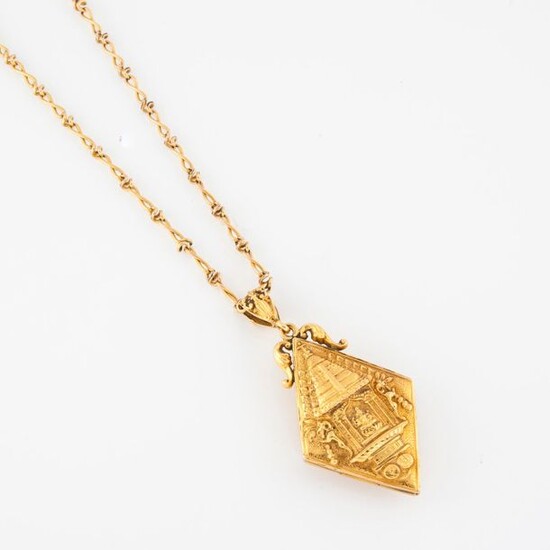 Gold-plated metal chain with fancy stitch retaining a yellow gold (750) diamond-shaped picture pendant with Indian deities.