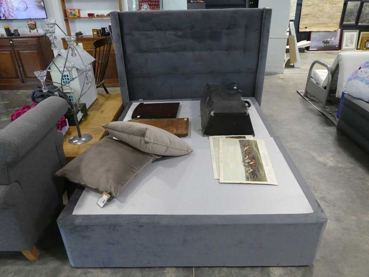 Grey suede upholstered divan bed frame with button back headboardGrey...