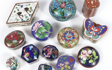 Group of 16 cloisonne and enamel Asian pill and trinket vanity boxes. 1 1/4"H x 2 1/2"W x 1 3/4"D