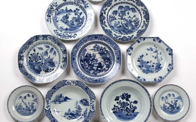 Group of blue and white porcelain bowls and plates Chinese,...
